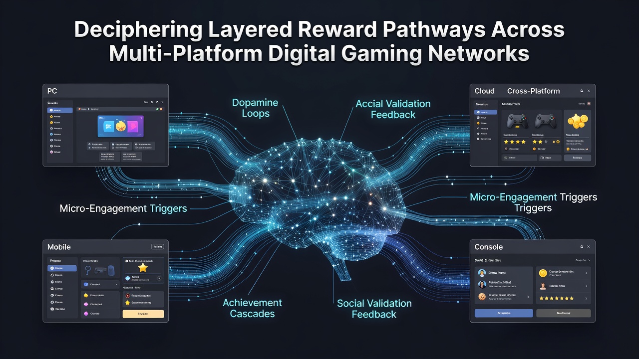 Diagram showing cross-platform reward synchronization in digital gaming networks